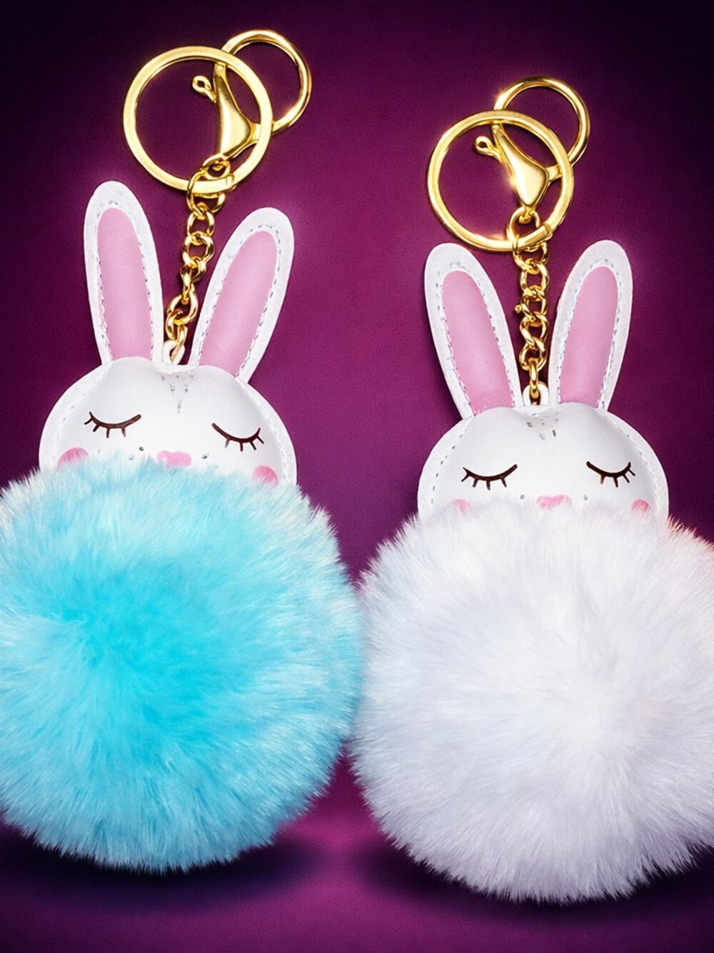Bunny Pom Pom Keychains (2pc Set) – Fluffy Fur Bag Charms